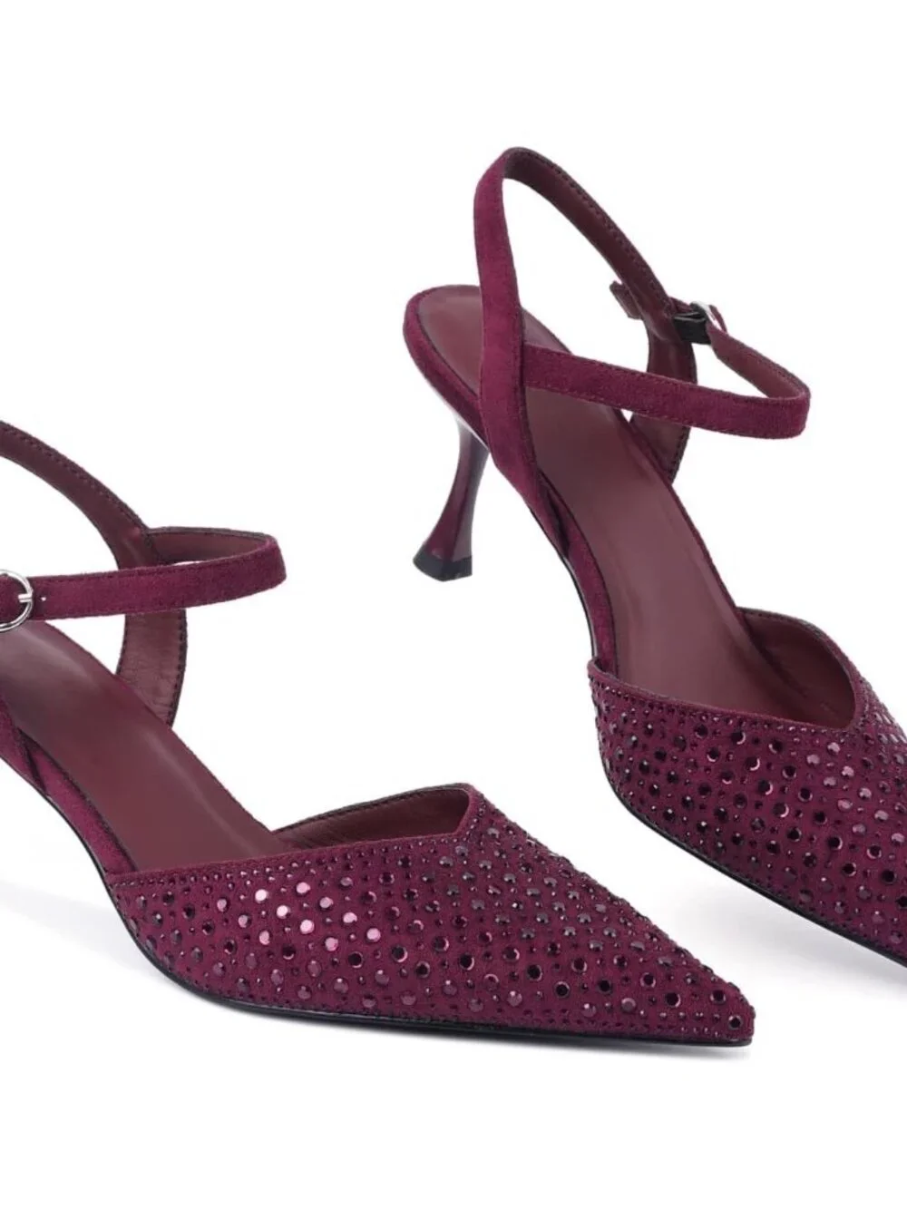 Women's Burgundy_rhinestone Slingback Kitten Pointed Closed Pumps Low Heels Shoe